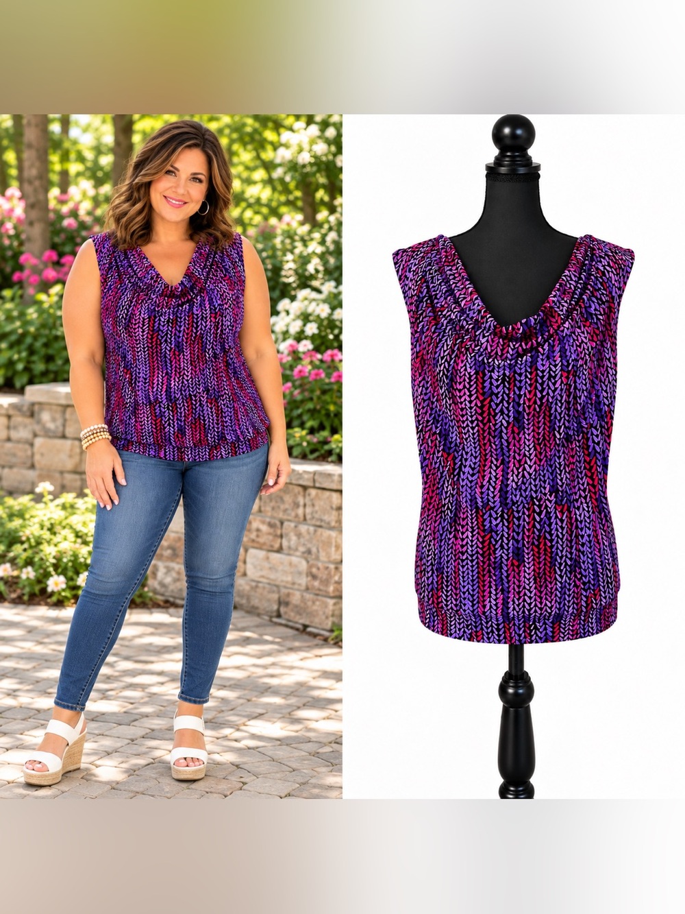 Calvin Klein Patterned Cowl Neck Sleeveless Top Size 1X Boho Business Casual